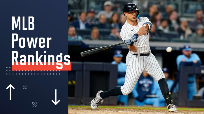 New York Yankees’ Giancarlo Stanton hits a three-run home run during the sixth inning of a baseball game against the Toronto Blue Jays, Tuesday, May 10, 2022, in New York.